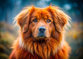 Stunning Portrait of a Red Tibetan Dog in Natural Setting, Showcasing Majestic Features and Vibrant Coat