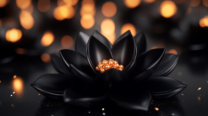 A beautiful black lotus flower centerpiece surrounded by glowing candles during Hanukkah