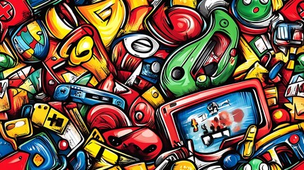 Obraz premium A colorful doodle pattern showcasing pixelated characters, retro game consoles, arcade machines, and neon color splashes, with a grid-like background, nostalgic and playful, hd quality,