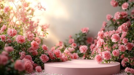 Fototapeta premium Romantic Valentines Day scene a pink podium surrounded by blooming garden roses and a soft white background Ideal for a spring or beautythemed product display with a touch of elegance