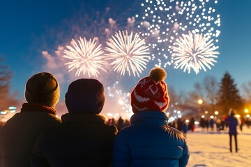 3 friends watching New Year's eve fireworks celebration under the night sky