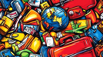 Obraz premium A colorful doodle pattern showcasing vintage suitcases, globes, passports, and travel tags, surrounded by hand-drawn airplanes and postcards, with bright pastel colors and playful outlines,