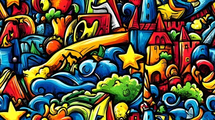 A colorful fantasy-themed doodle pattern filled with fairy tale castles, unicorns, and enchanted trees, with floating spell books, crystal balls, and glowing stars,