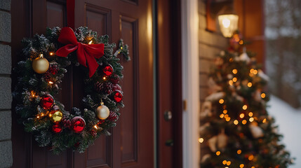 A beautifully decorated front door with a Christmas wreath and a twinkling tree on Christmas Eve