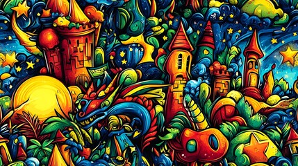 A colorful fantasy-themed doodle pattern showcasing fairy tale castles, magical creatures like unicorns and dragons, with enchanted trees, mystical objects, and glowing stars,