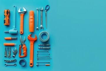 Collection of assorted hand tools arranged on a blue background for DIY projects