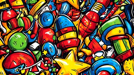 Obraz premium A colorful festive fiesta doodle pattern featuring maracas, piñatas, confetti, and stars, surrounded by party hats, streamers, and balloons, set against a bright and lively background, bright colors,