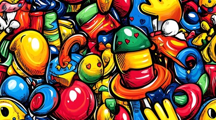 Obraz premium A colorful fiesta-themed doodle pattern showcasing maracas, piñatas, confetti, and streamers, with swirling lines, vibrant balloons, and fireworks, set against a bright pastel background,