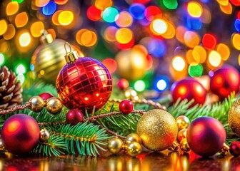 Create a lively holiday scene with a backdrop rich in Christmas ornaments, bright lights, and festive decorations, setting a joyful tone for the season.