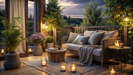 Fototapeta premium Create a serene balcony escape featuring garden furniture, fluffy pillows, a snug blanket, and flickering candles, perfect for enjoying peaceful nights under the stars.