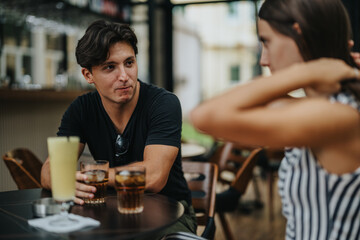 Two young adults share a candid conversation while enjoying refreshing drinks at a stylish cafe. The relaxed atmosphere promotes genuine connection and engagement.