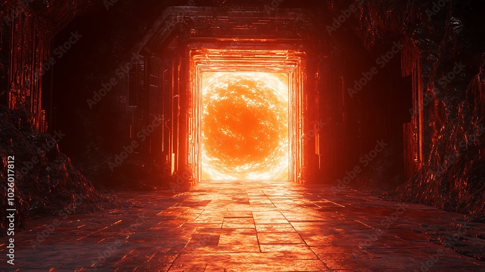 Poster glowing portal with fiery sphere, dark surrounding environment