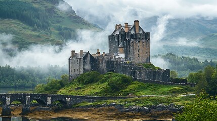 Historic castle on a misty landscape, surrounded by mountains