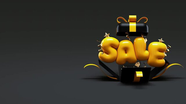 Black Friday 3D animation video loop for super sale promotion with open gift box and sale word on a dark scene and copy space. Special offer and shopping concept