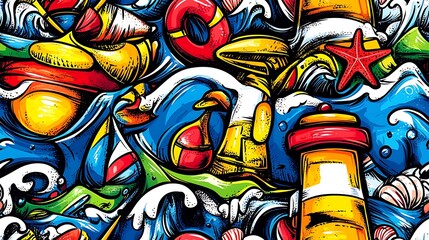 A colorful nautical-themed doodle pattern showcasing sailboats, anchors, lifebuoys, and lighthouses, with starfish, seashells, and waves, set against a bright sky blue background,