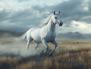 Majestic horse running through grassy field, dramatic sky.