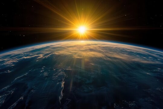 Sunlight bursts over Earth s horizon in space, a symbolic representation of beginnings and exploration Sunrise over Earth, symbolic, space exploration
