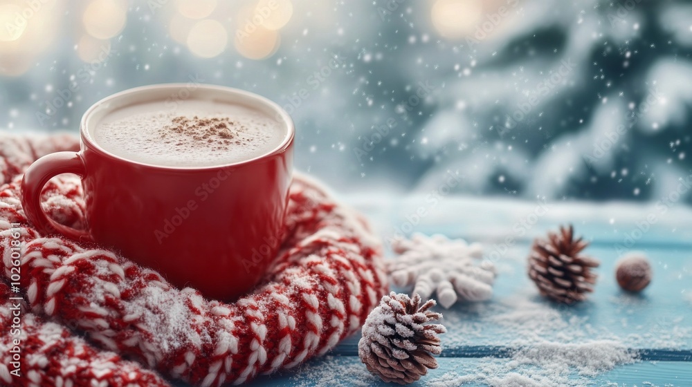 Poster a red mug with a white foam on top of it is sitting on a red blanket