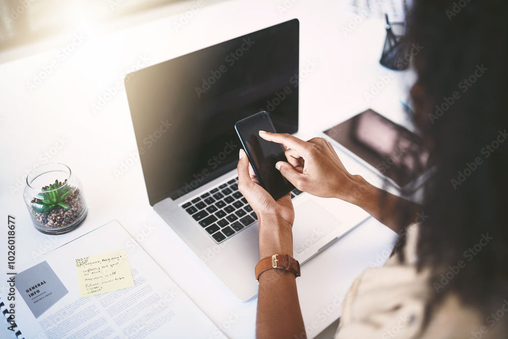 Poster business woman, hands or laptop screen with phone for social media, browsing or user interaction at 