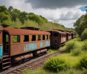 Obraz premium A rusting abandoned locomotive sits motionless on overgrown railway tracks, its once powerful form now covered in graffiti and corrosion. Surrounded by dense greenery, this forgotten train evokes a se