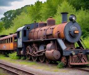 Naklejka premium A rusting abandoned locomotive sits motionless on overgrown railway tracks, its once powerful form now covered in graffiti and corrosion. Surrounded by dense greenery, this forgotten train evokes a se