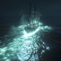 Obraz premium Mystical ship sailing through glowing ocean waters at night