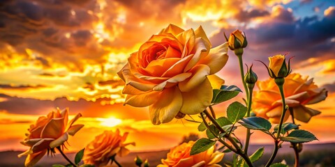 Obraz premium Stunning Yellow Rose Silhouettes Against a Vibrant Sunset Background for Floral Photography