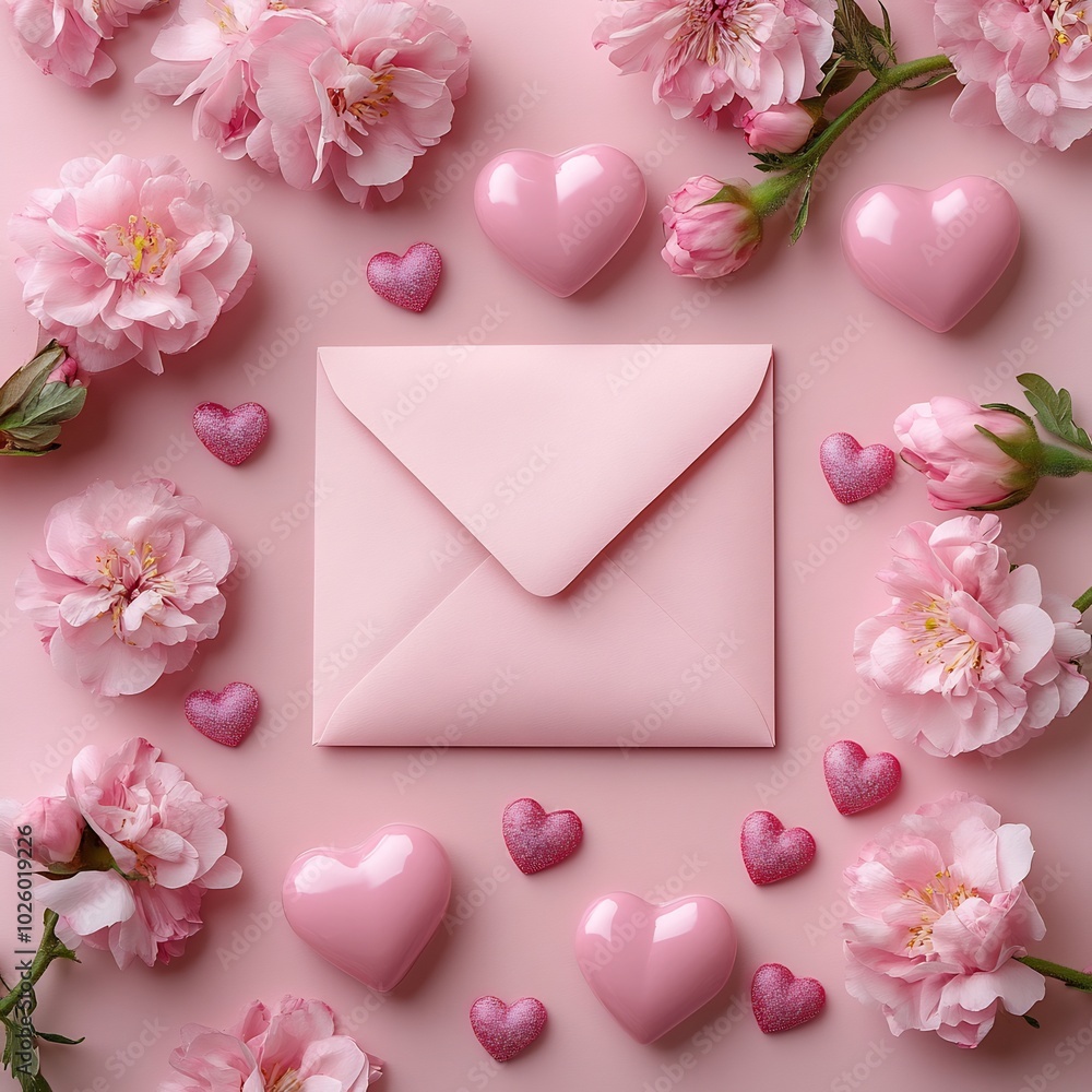 Poster pastel pink background pink flowers hearts and an envelope creating a valentines day concept with fl