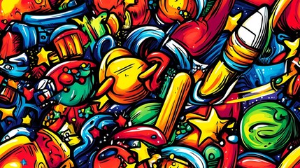 Fototapeta premium A colorful space-themed doodle pattern showcasing astronauts, rockets, satellites, and planets, surrounded by star clusters and swirling comets, with a deep space background of blues and purples,