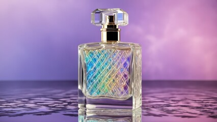 Crystal perfume bottle with a carved pattern, filled with iridescent liquid, standing on a mirrored surface, sparkle and reflections