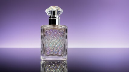 Crystal perfume bottle with a carved pattern, filled with iridescent liquid, standing on a mirrored surface, sparkle and reflections