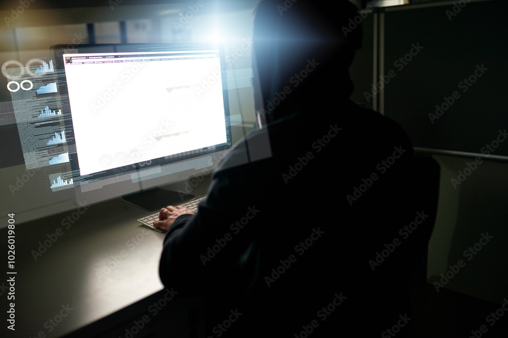 Aufkleber Person, hacker and computer with hologram working on virus installation for firewall bypass and hub. Database, overlay and dashboard with charts and programming and cyber security crime software
