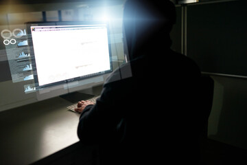 Person, hacker and computer with hologram working on virus installation for firewall bypass and...