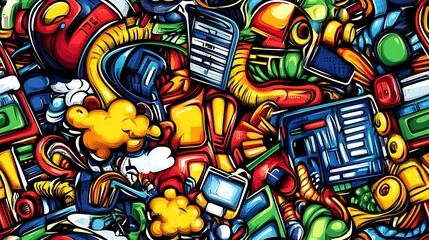 Obraz premium A colorful tech doodle pattern showcasing computers, servers, and smartphones with swirling lines of data, cloud icons, and gears, set against a bright digital background, vivid colors, hd quality,
