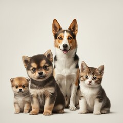 Obraz premium Friendly alert Pets together side by side in a row looking at the camera, isolated on white