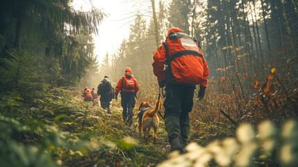 Search and rescue team with a dog tracking a missing person in a dense forest, surrounded by trees and soft natural light. Copy space