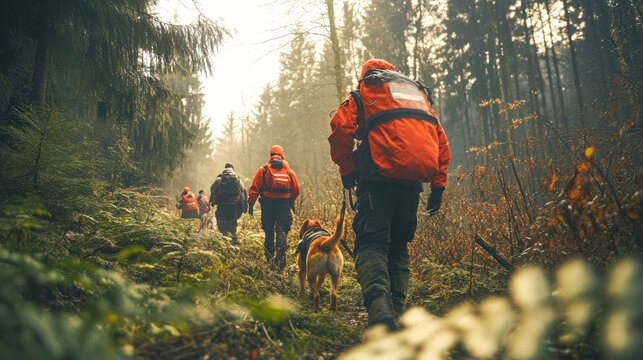 Search and rescue team with a dog tracking a missing person in a dense forest, surrounded by trees and soft natural light. Copy space