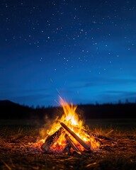 A glowing campfire with stars twinkling above, warm and inviting, night glowtime, outdoor adventure and serenity