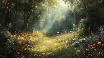 Sunlit Path Through a Lush Forest Clearing