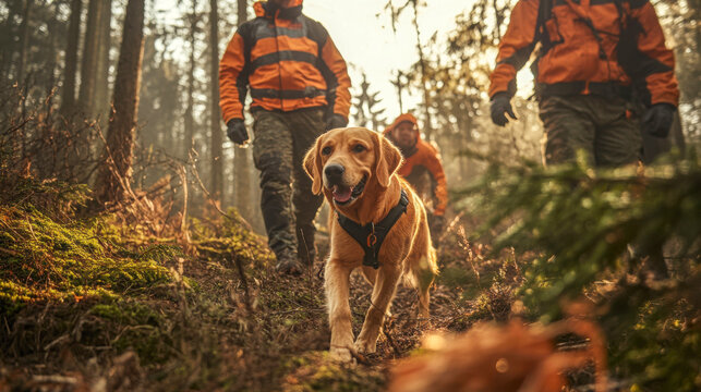 Search and rescue dog leading a team through a dense forest, tracking a missing person, with natural soft light filtering through trees. Copy space