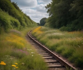 Obraz premium A serene scene of an abandoned railway track, surrounded by vibrant wildflowers and lush greenery, stretching into the horizon at sunset. The overgrown tracks evoke a peaceful sense of nature reclaimi