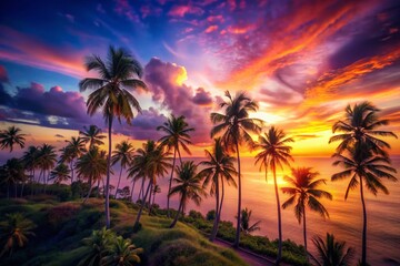 Fototapeta premium Sunset Over Tropical Landscape with Palm Trees - Tilt-Shift Photography Magic