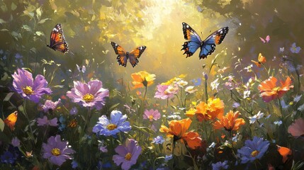 Butterflies and Flowers in a Sunlit Meadow