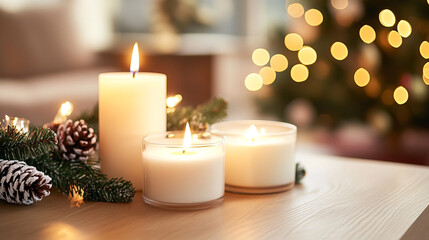 Cozy Christmas Eve ambiance with candles, pinecones, and holiday lights creating festive cheer