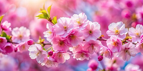 Obraz premium Delicate cherry blossoms bloom against a gentle pink backdrop, embodying the beauty of springtime and evoking a sense of tranquility and renewal in natureâ€™s artistry.
