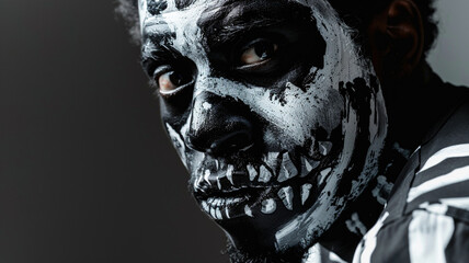 Man with skeleton costume makeup at Halloween party. Halloween celebration concept. Greeting card, invitation, banner with copy space. Costumed party, carnival, masquerade. Festive atmosphere