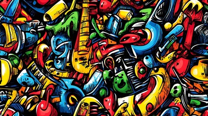 Fototapeta premium A dynamic music doodle pattern filled with guitars, pianos, saxophones, and microphones, with musical notes, sound waves, and speakers, set against a lively and colorful background,