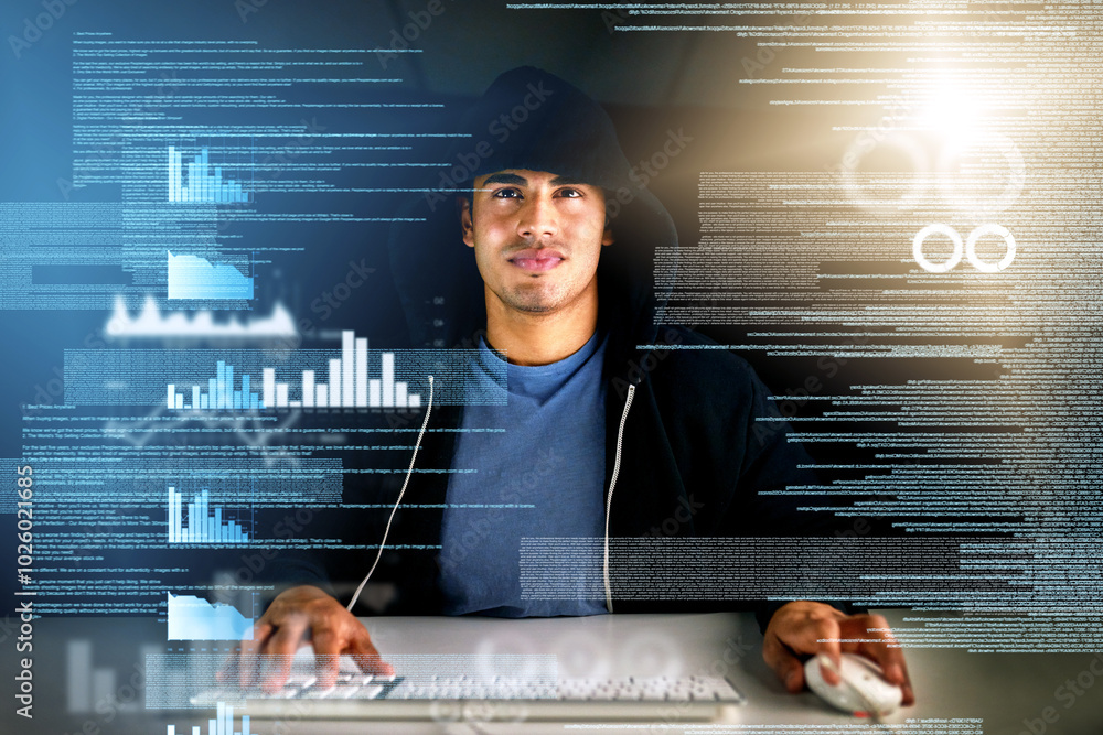 Aufkleber Man, hacker and malware hologram with code and virus installation for firewall bypass and hub. Database, overlay and dashboard with analytics and programming and cyber security crime on software
