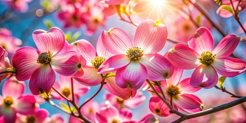 Fototapeta premium Delicate pink dogwood blooms elegantly unfold in spring, basking in bright sunlight, beautifully showcasing the wonders of nature during this vibrant season.