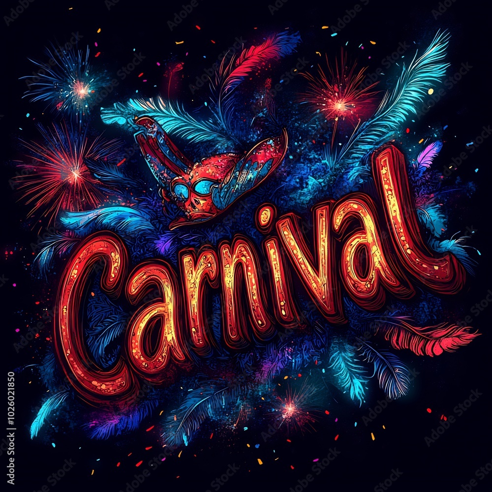 Poster carnival text glowing bold letters with splashes of color feathers masks and fireworks designed as a